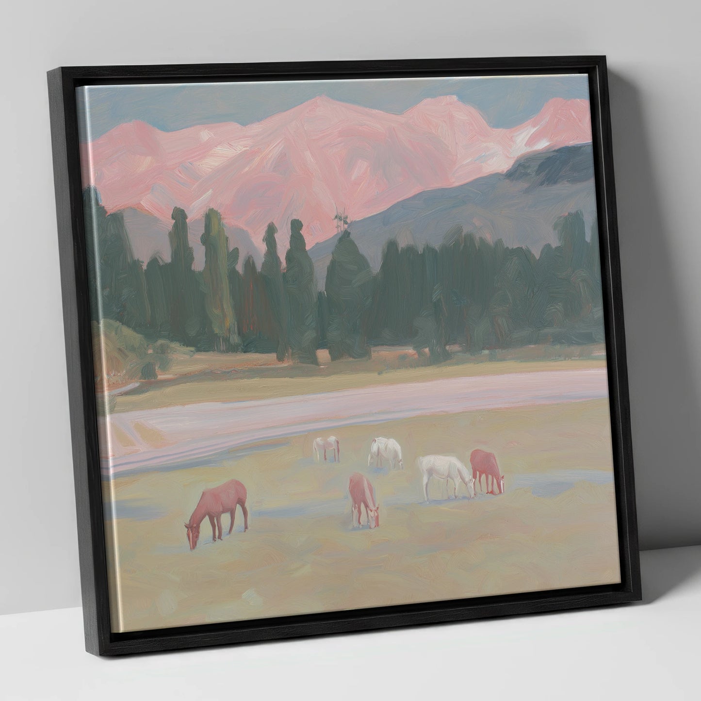 Alpenglow Pastures horse landscape canvas wall art in black frame