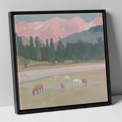 Alpenglow Pastures horse landscape canvas wall art in black frame