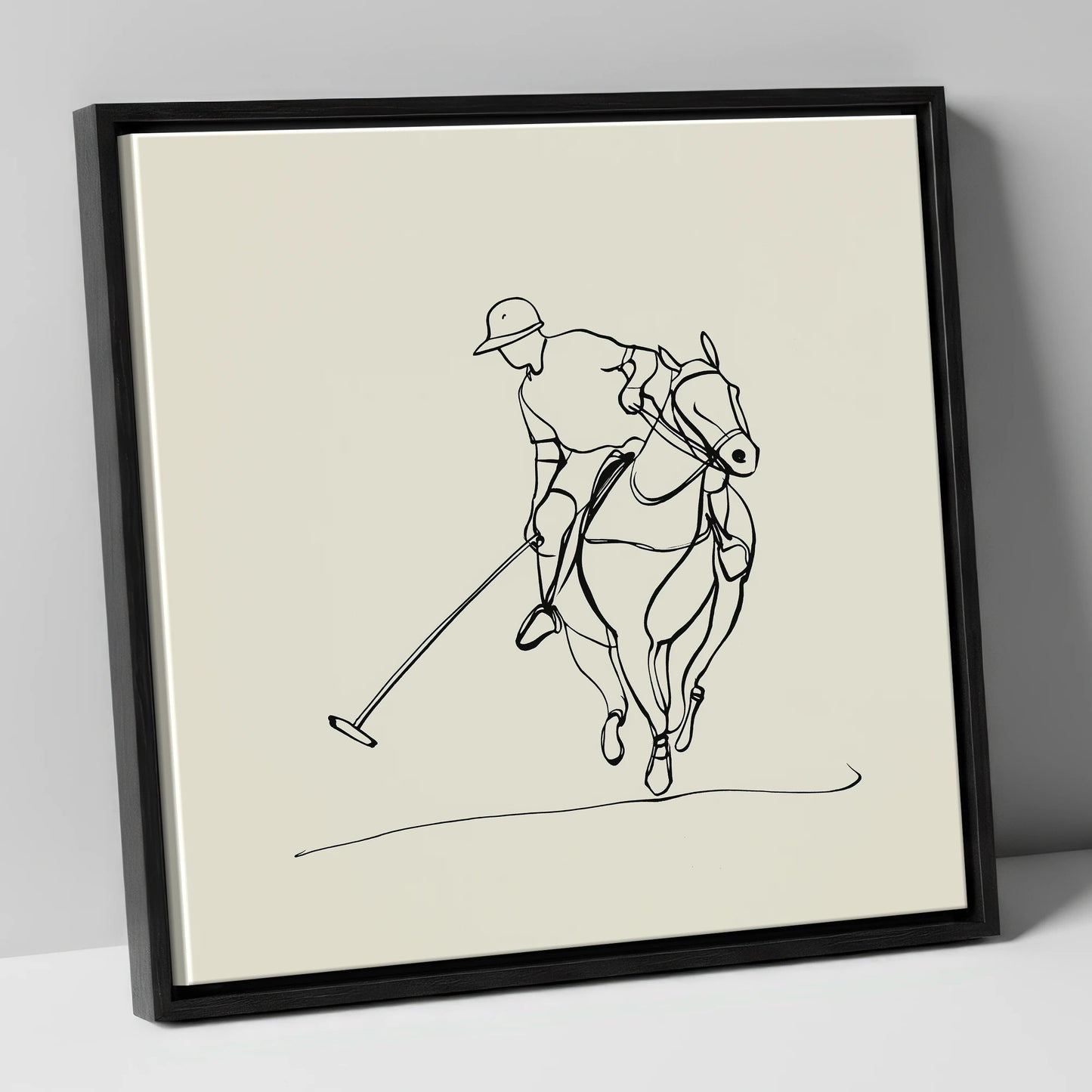 The Elegant Chukka polo horse canvas wall art in black frame