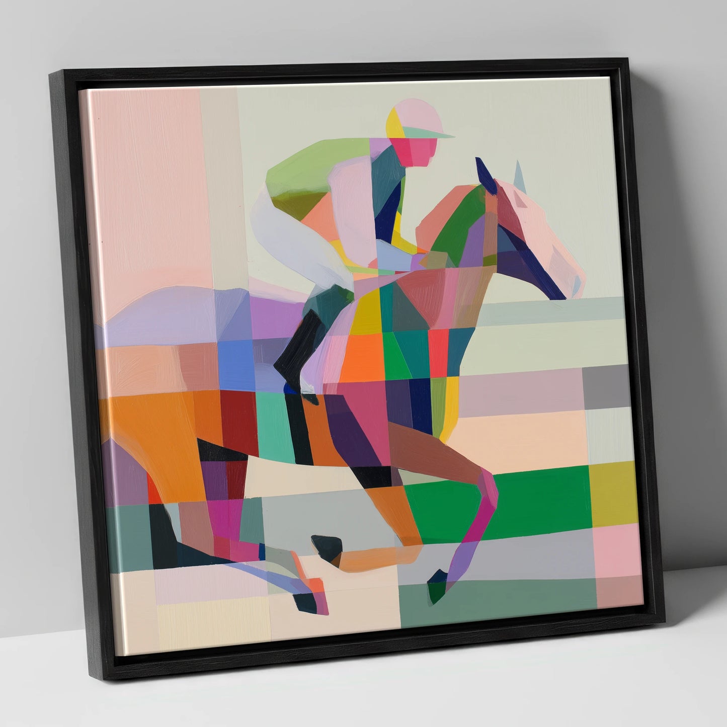 Prismatic Stride racing horse canvas wall art in black frame