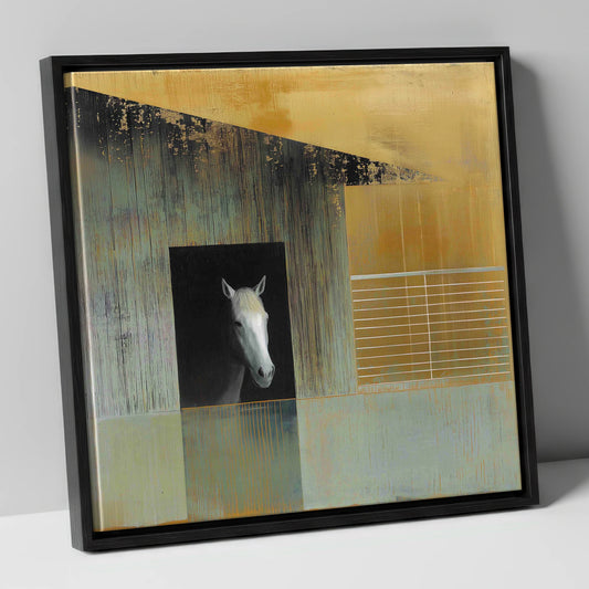The Quiet Observer horse stable canvas wall art in black frame