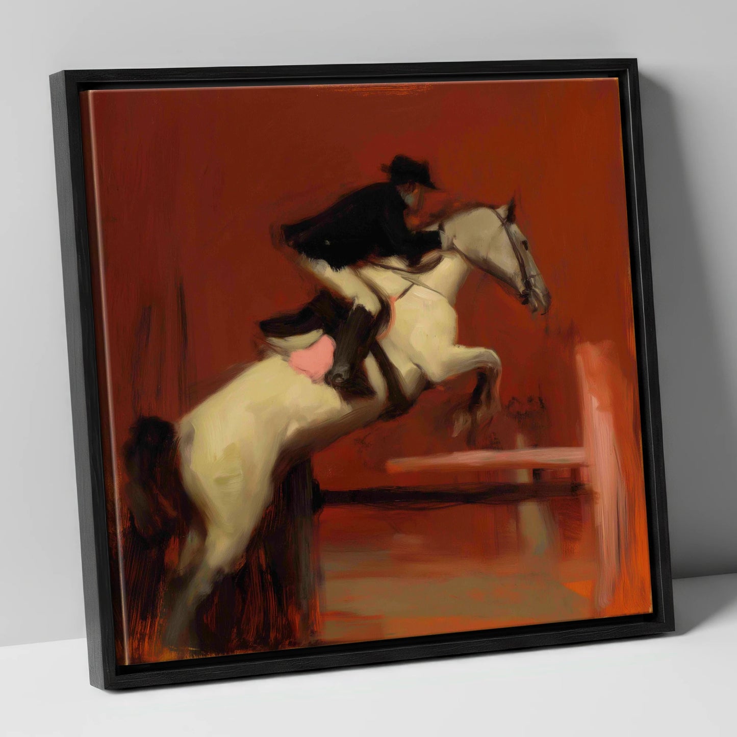 The Crimson Leap show jumping horse canvas wall art in black frame