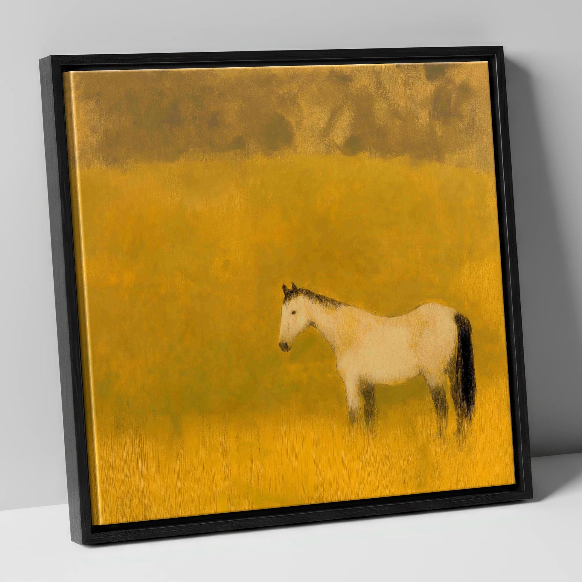 Golden Silence horse landscape canvas wall art in black frame