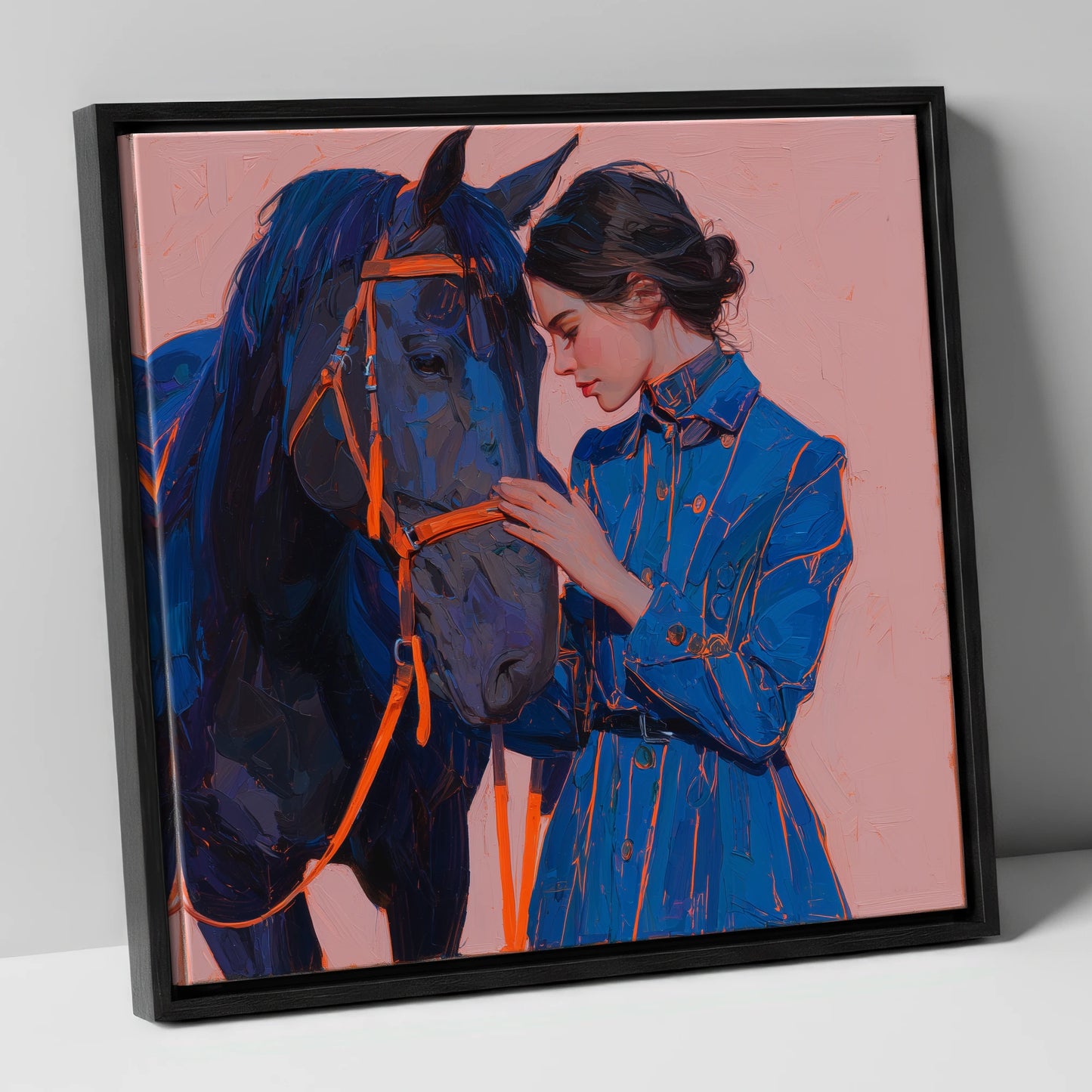 The Indigo Embrace horse & rider canvas wall art in black frame