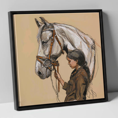 Quiet Connection horse & rider canvas wall art in black frame