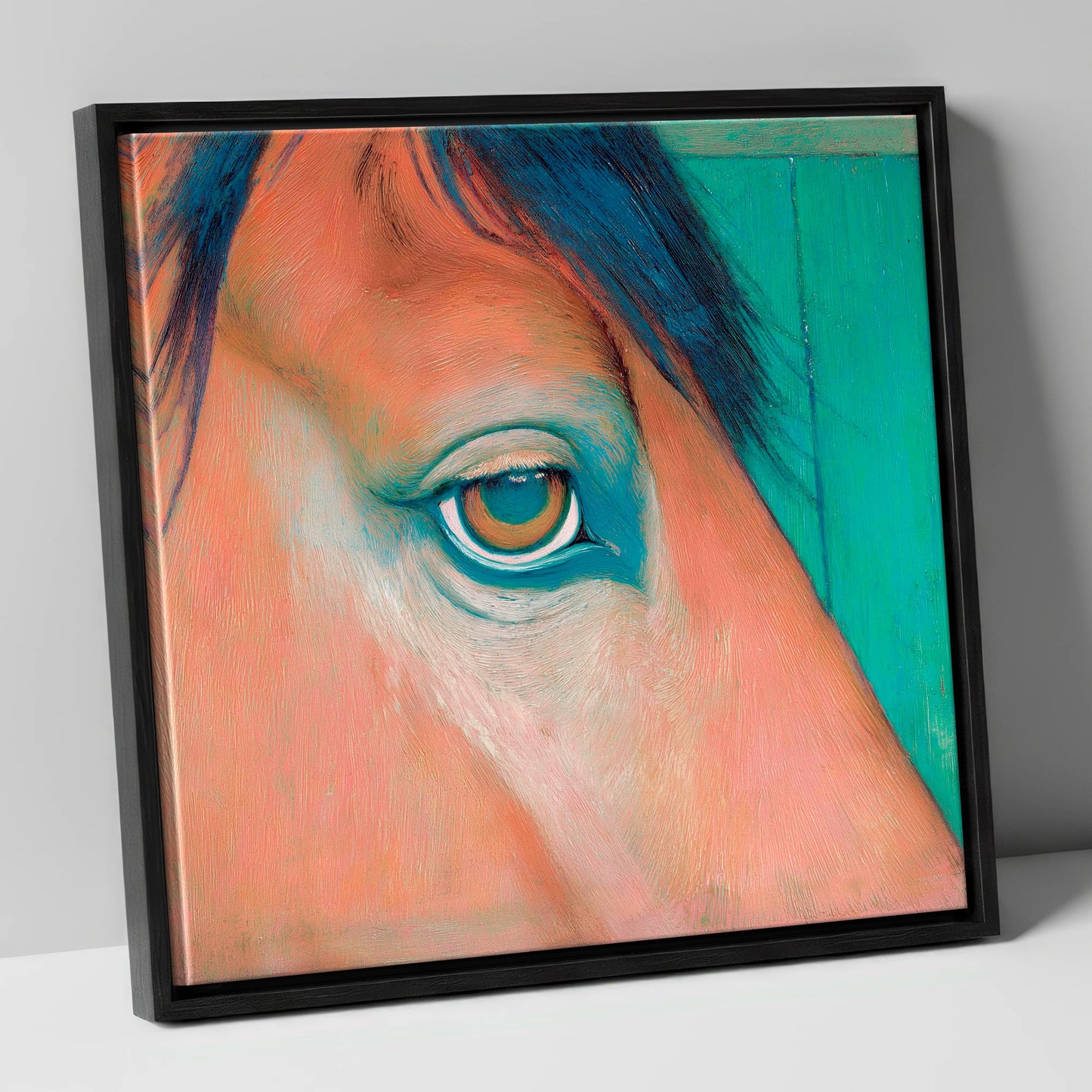 Soulful Emerald Gaze horse portrait canvas wall art in black frame