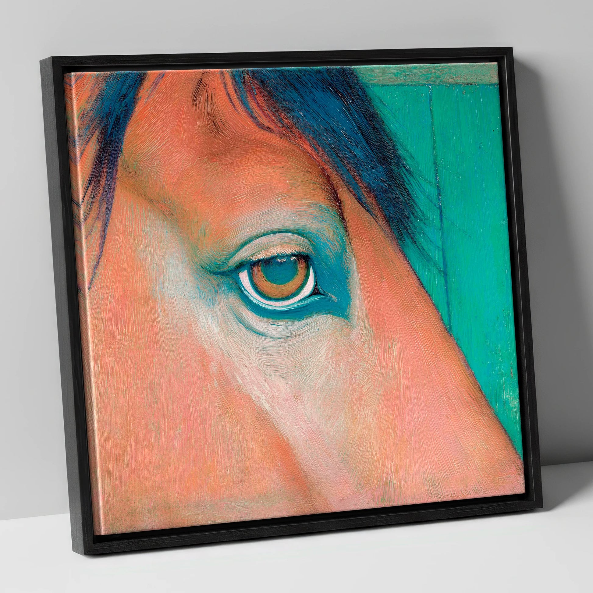 Soulful Emerald Gaze horse portrait canvas wall art in black frame