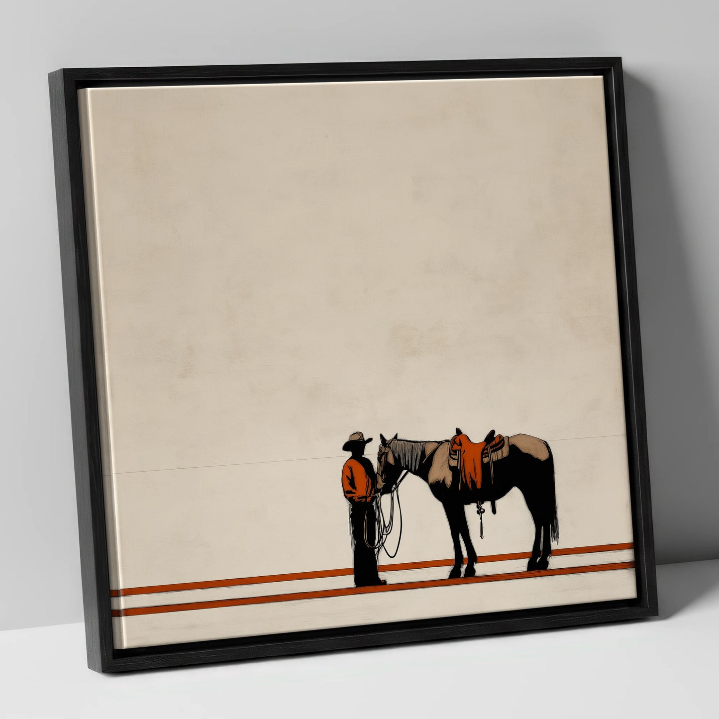 The Quiet Horizon western horse canvas wall art in black frame