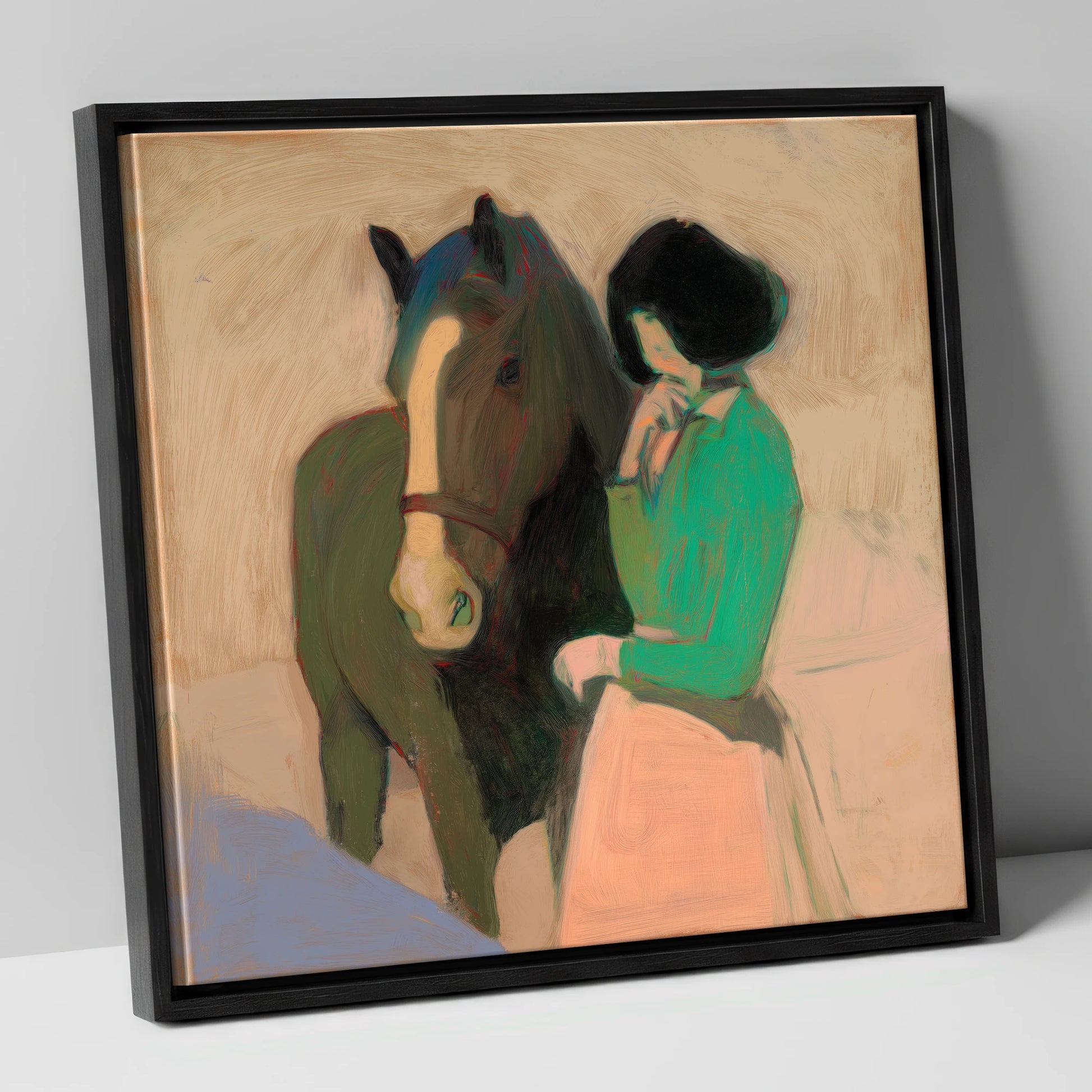A Shared Silence horse & rider canvas wall art in black frame