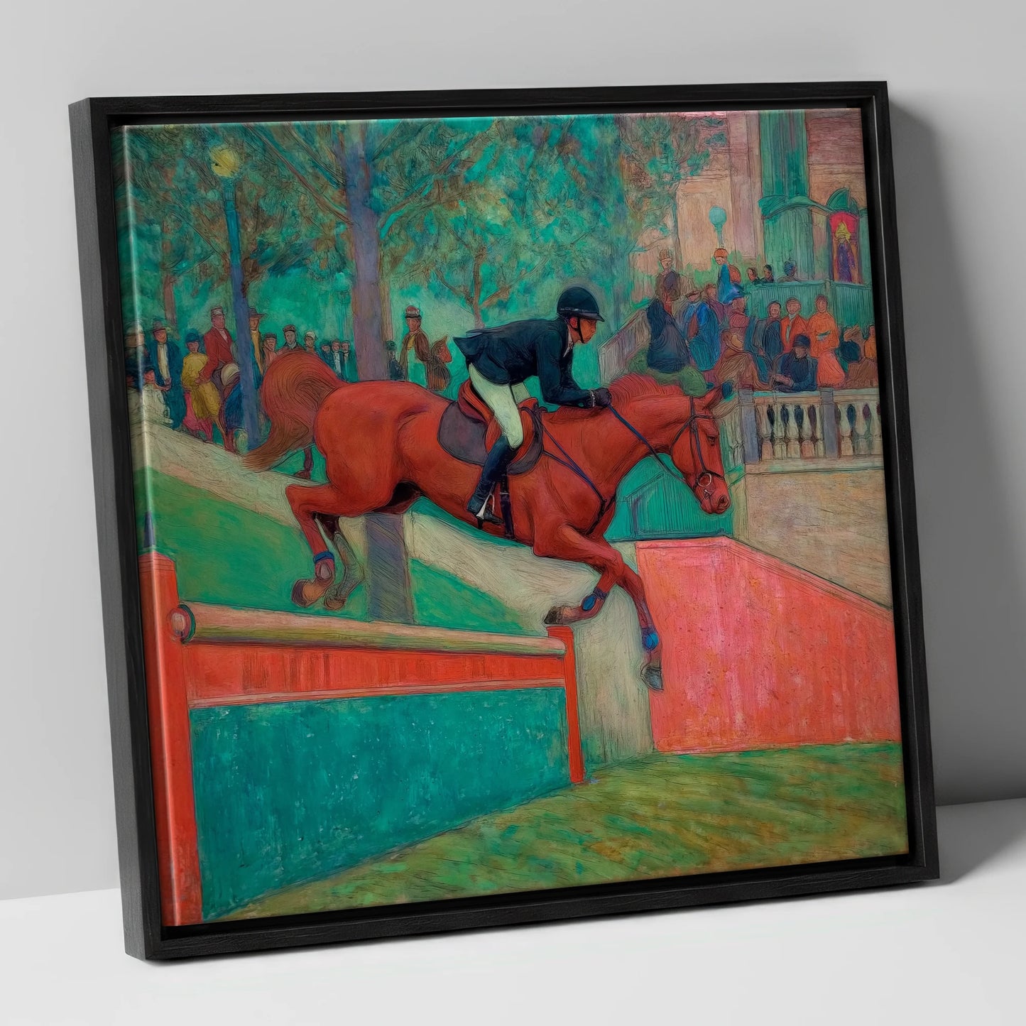 The Emerald Leap show jumping horse canvas wall art in black frame
