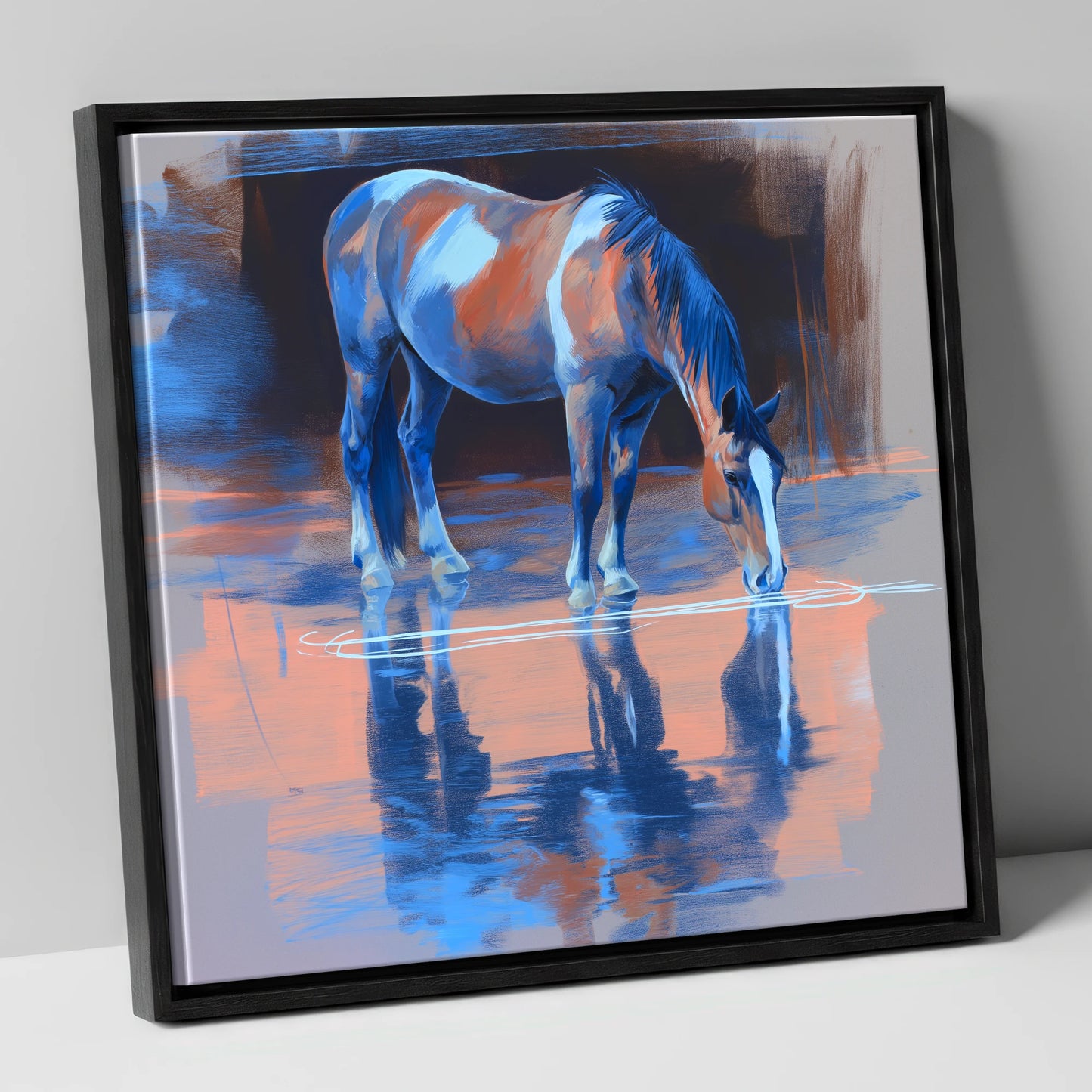 Tranquil Reflection horse portrait canvas wall art in black frame