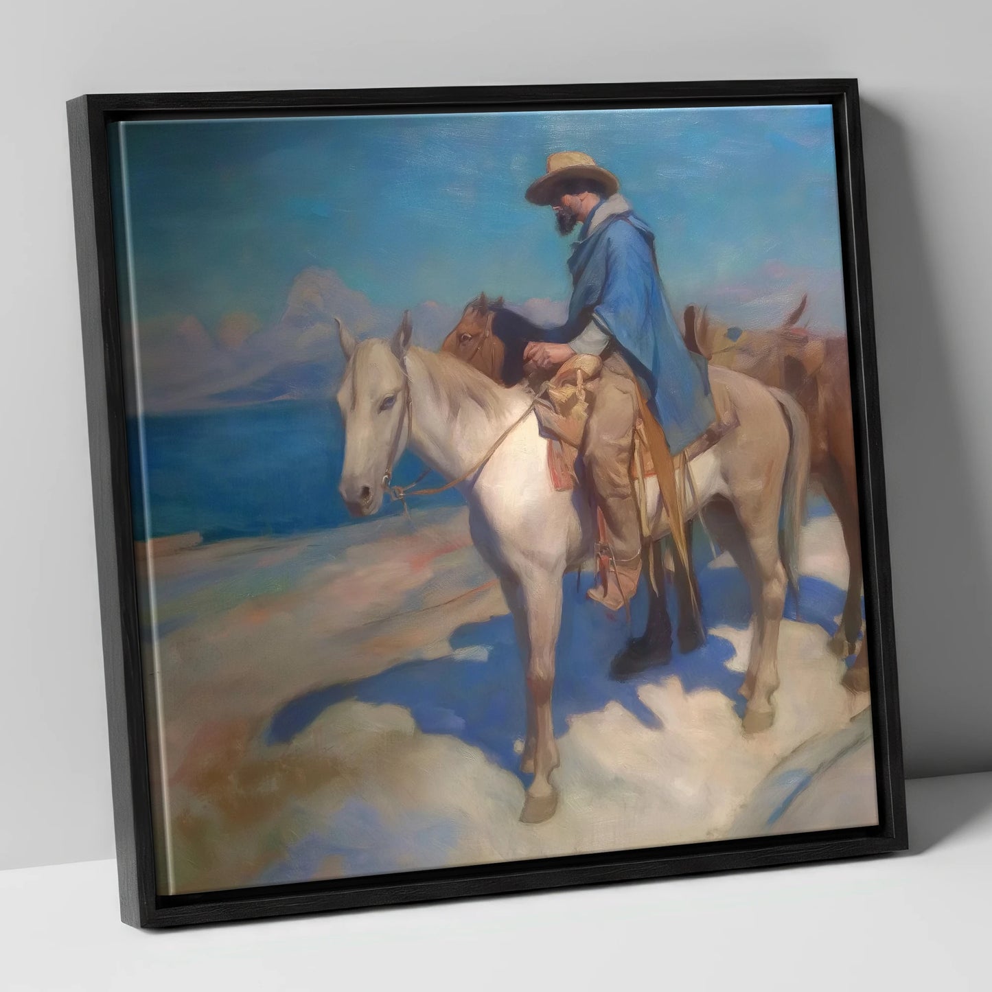The Azure Trail western horse canvas wall art in black frame