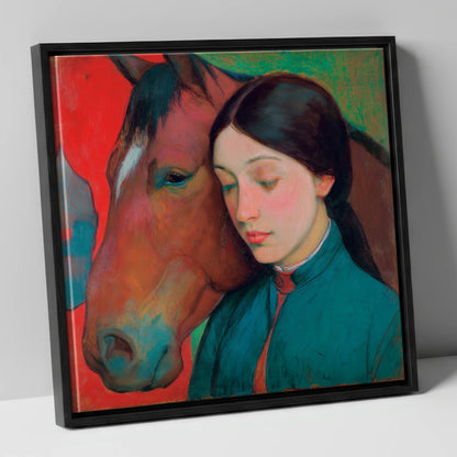 Silent Devotion horse & rider canvas wall art in black frame