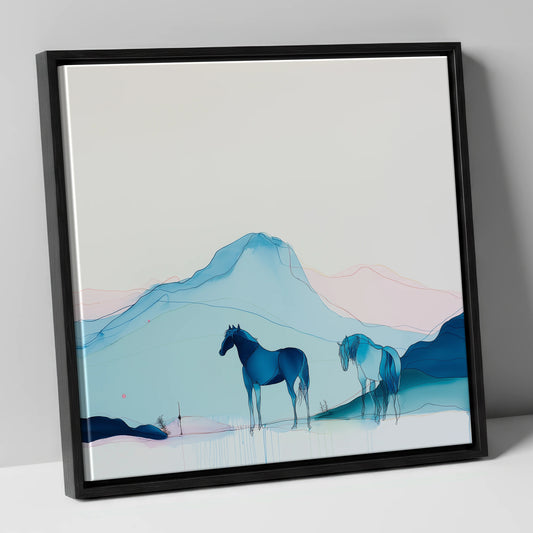 Azure Mountain Serenity horse landscape canvas wall art in black frame