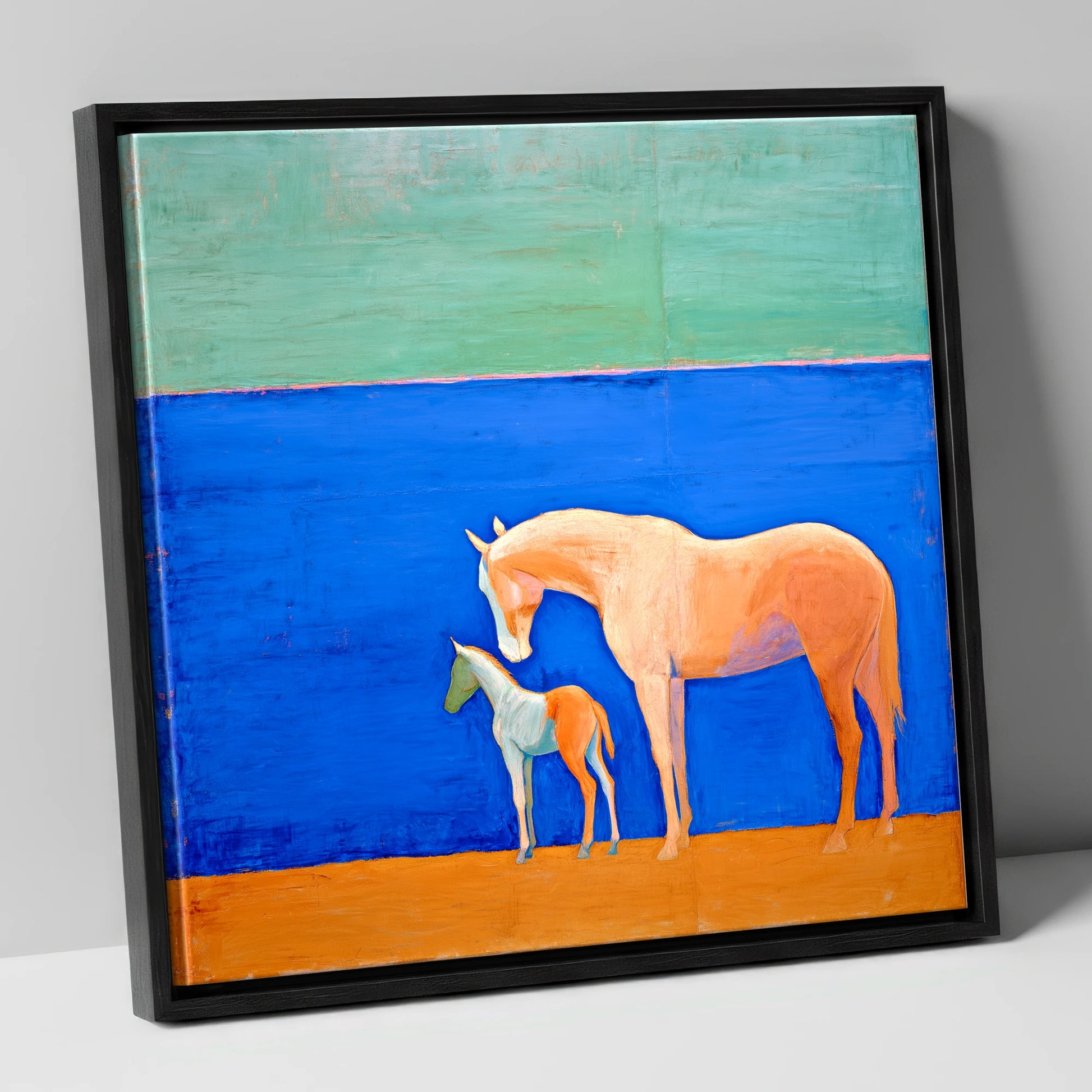 Cobalt Bond mare & foal canvas wall art in black frame