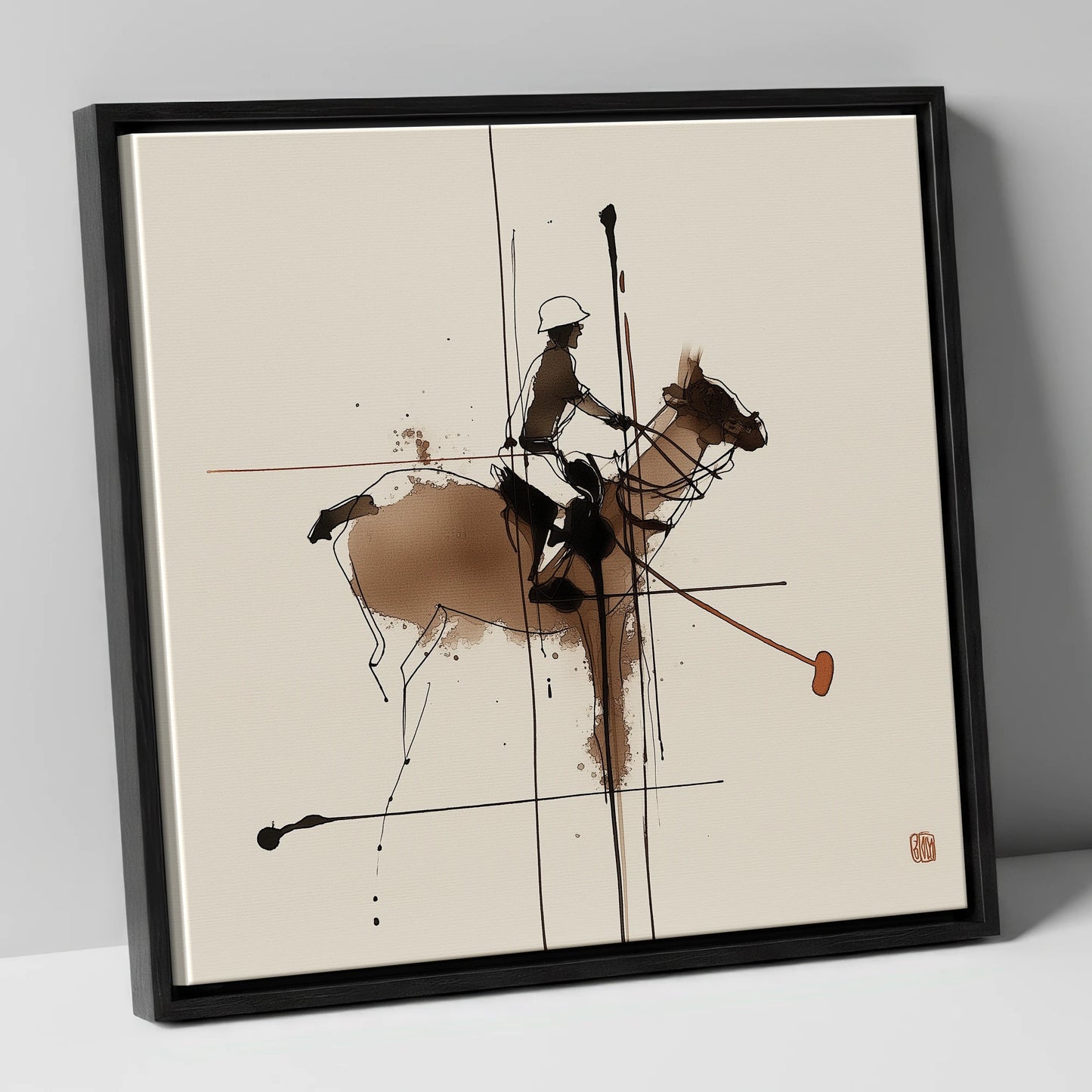 Abstract Polo Strike polo horse canvas wall art in black frame
