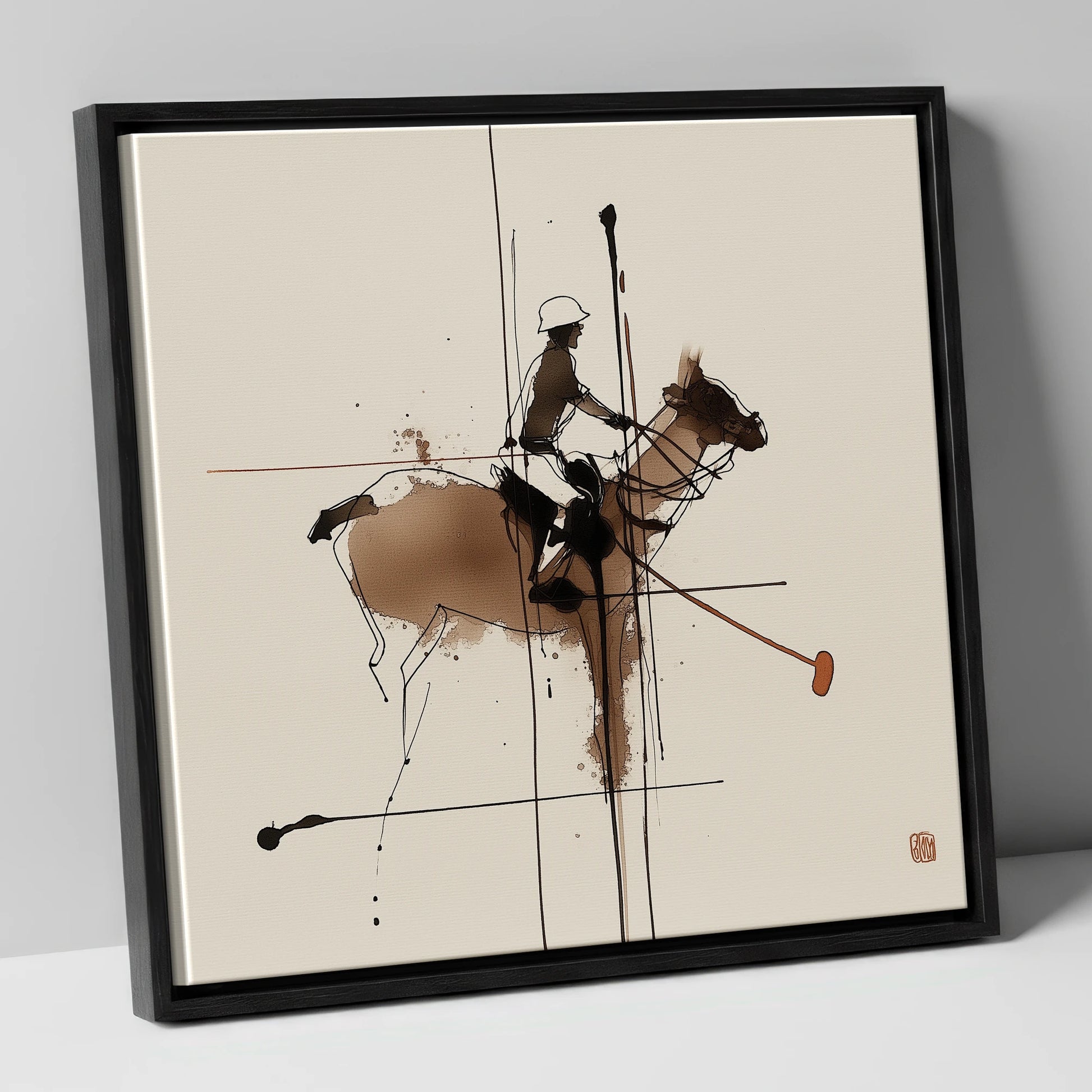 Abstract Polo Strike polo horse canvas wall art in black frame