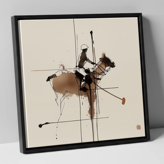 Abstract Polo Strike polo horse canvas wall art in black frame