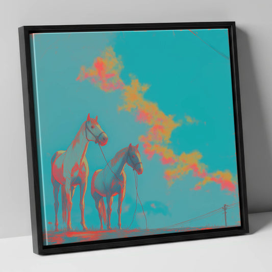 Electric Cyan Skies horse landscape canvas wall art in black frame