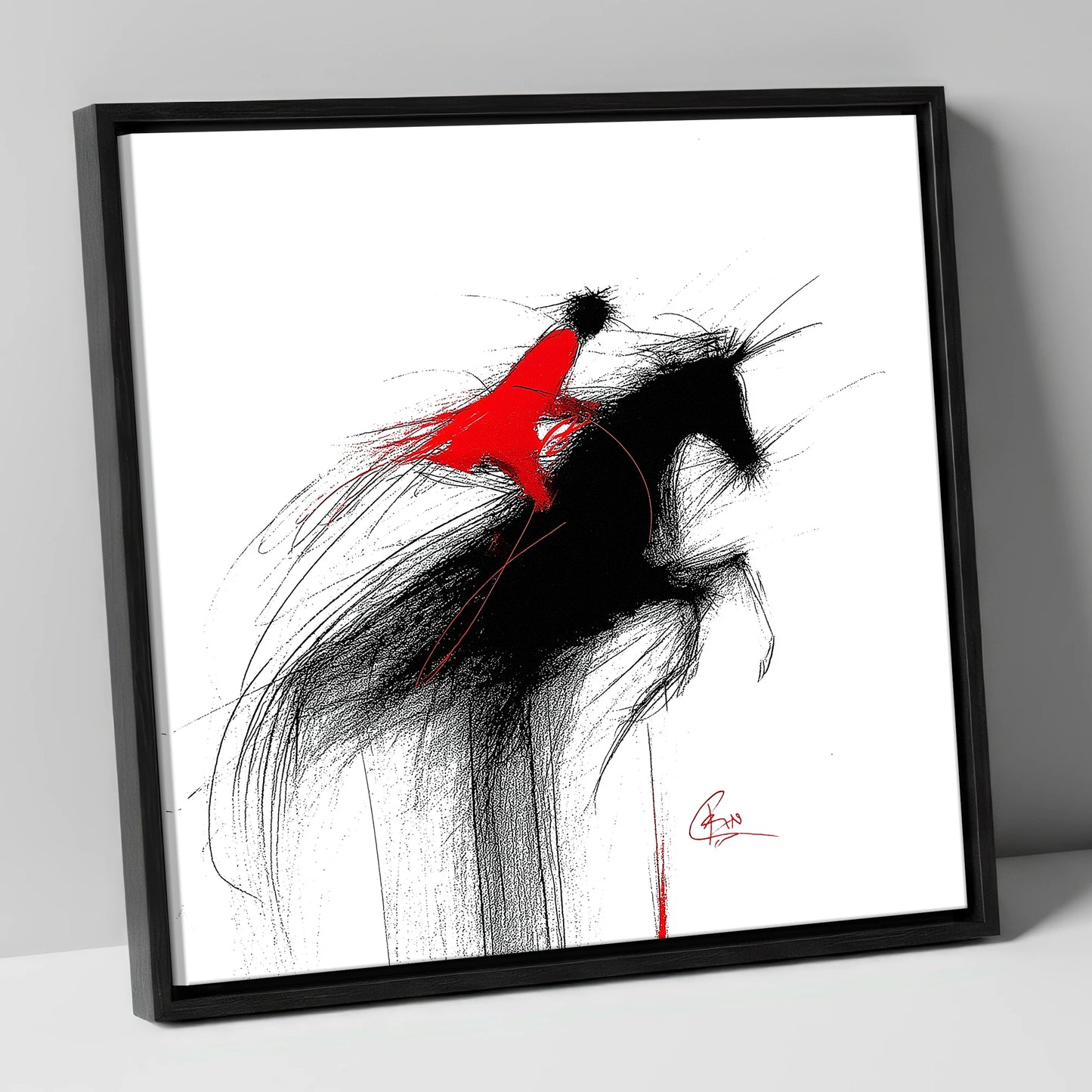 Crimson Flight show jumping horse canvas wall art in black frame