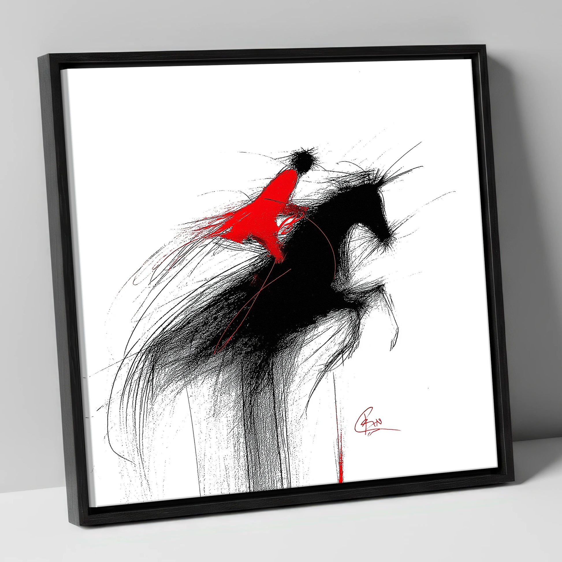 Crimson Flight show jumping horse canvas wall art in black frame