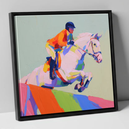 Vibrant Ascent show jumping horse canvas wall art in black frame
