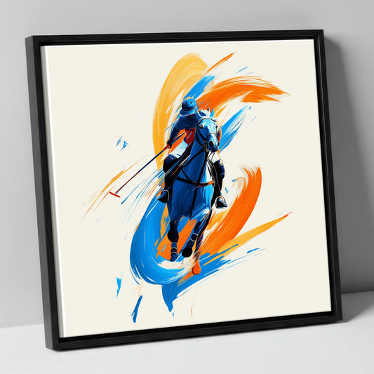 The Indigo Strike polo horse canvas wall art in black frame