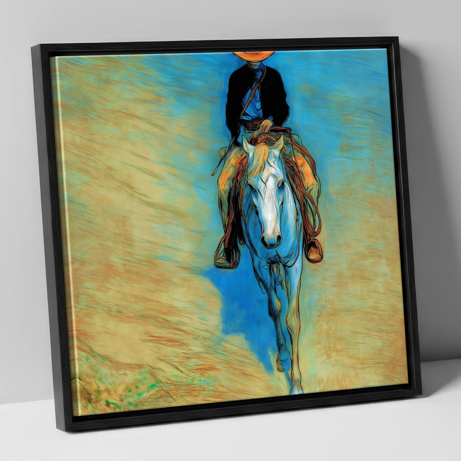 The Blue Trail Rider western horse canvas wall art in black frame