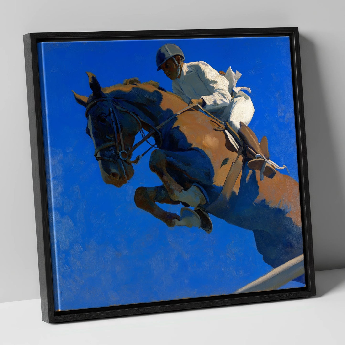 Skyward Bound show jumping horse canvas wall art in black frame