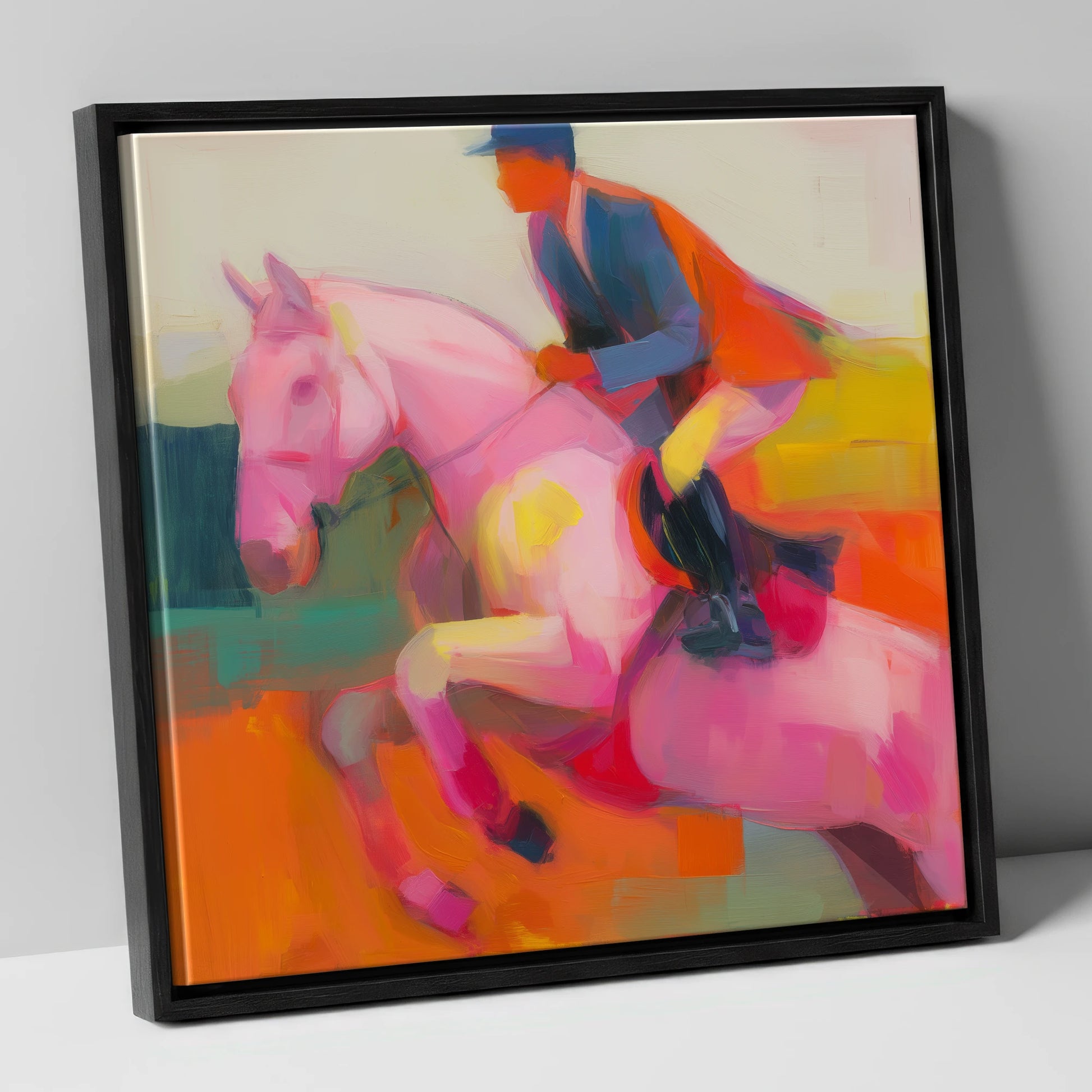 The Vivid Leap show jumping horse canvas wall art in black frame