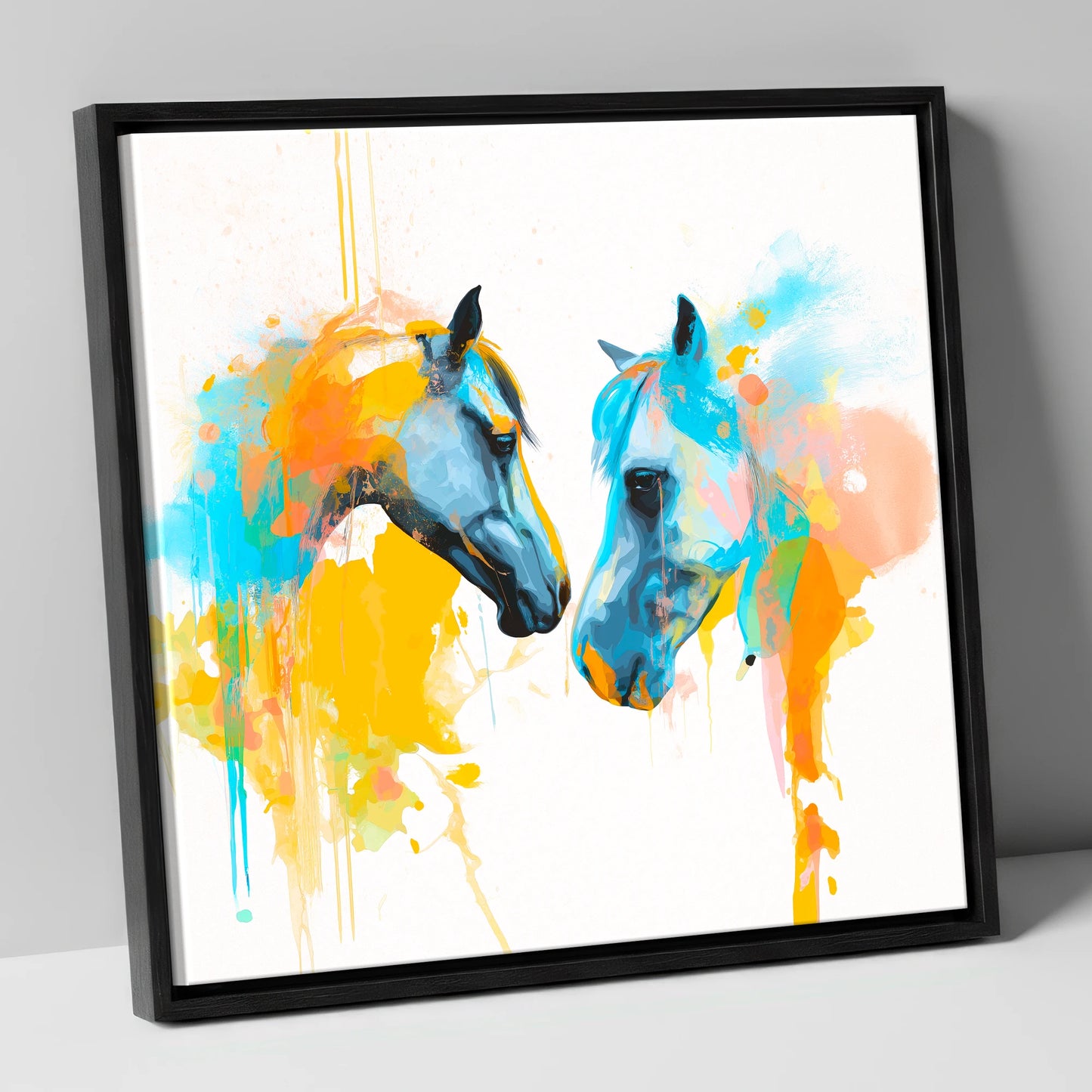 Spirited Bond horse portrait canvas wall art in black frame
