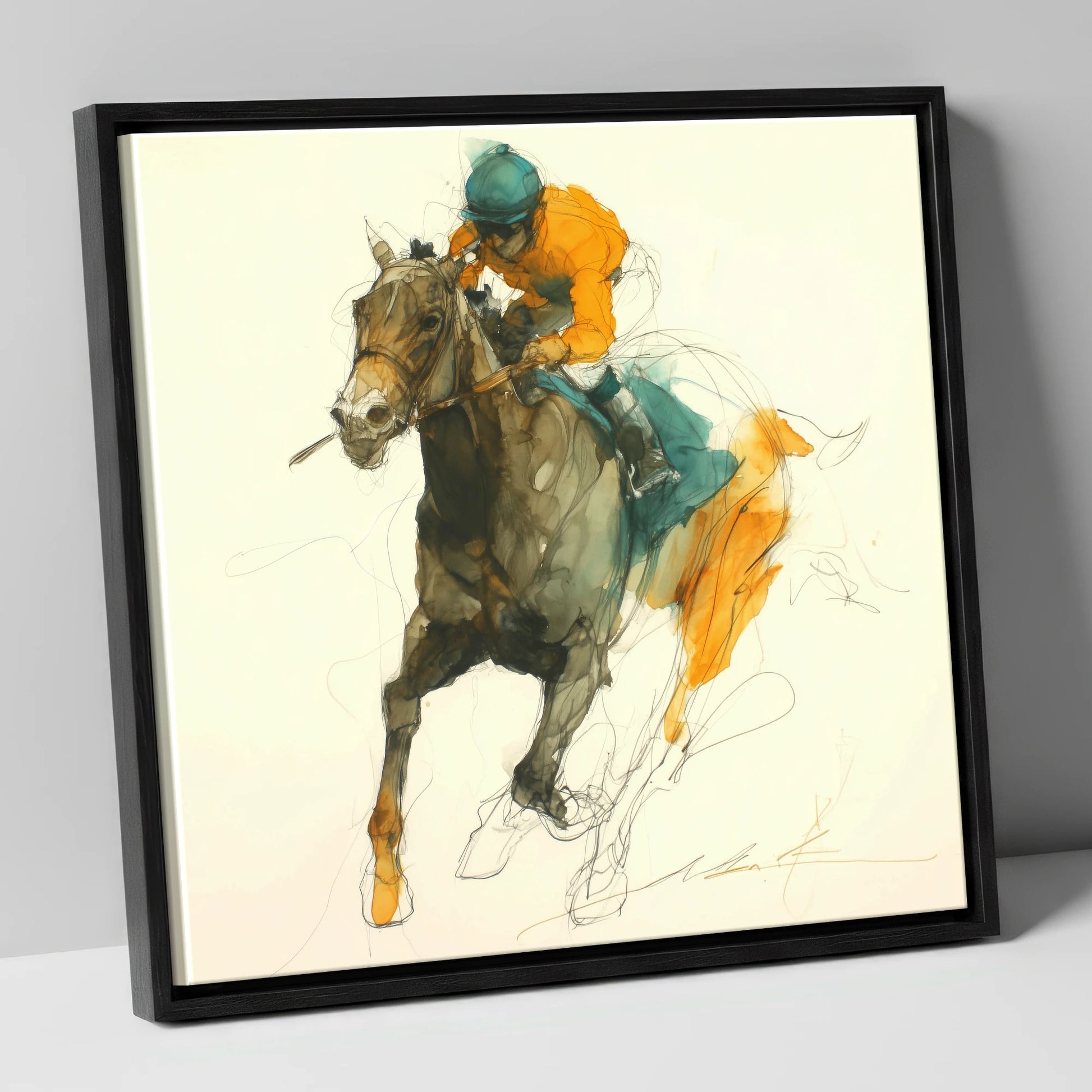 Surge of Colour racing horse canvas wall art in black frame
