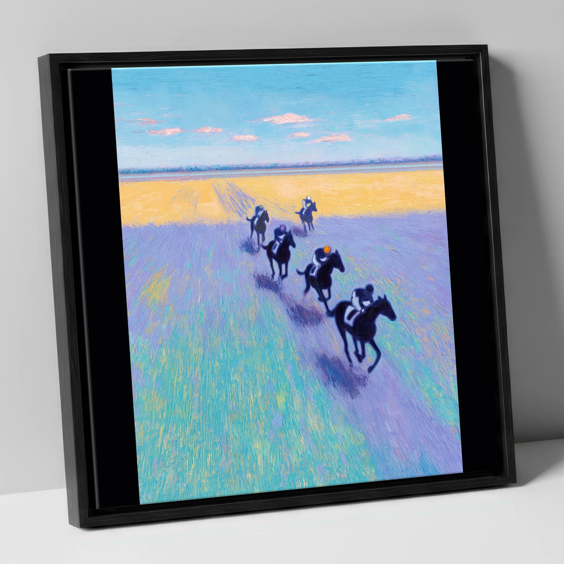 The Morning String racing horse canvas wall art in black frame