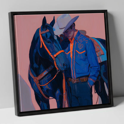 Electric Indigo Bond western horse canvas wall art in black frame