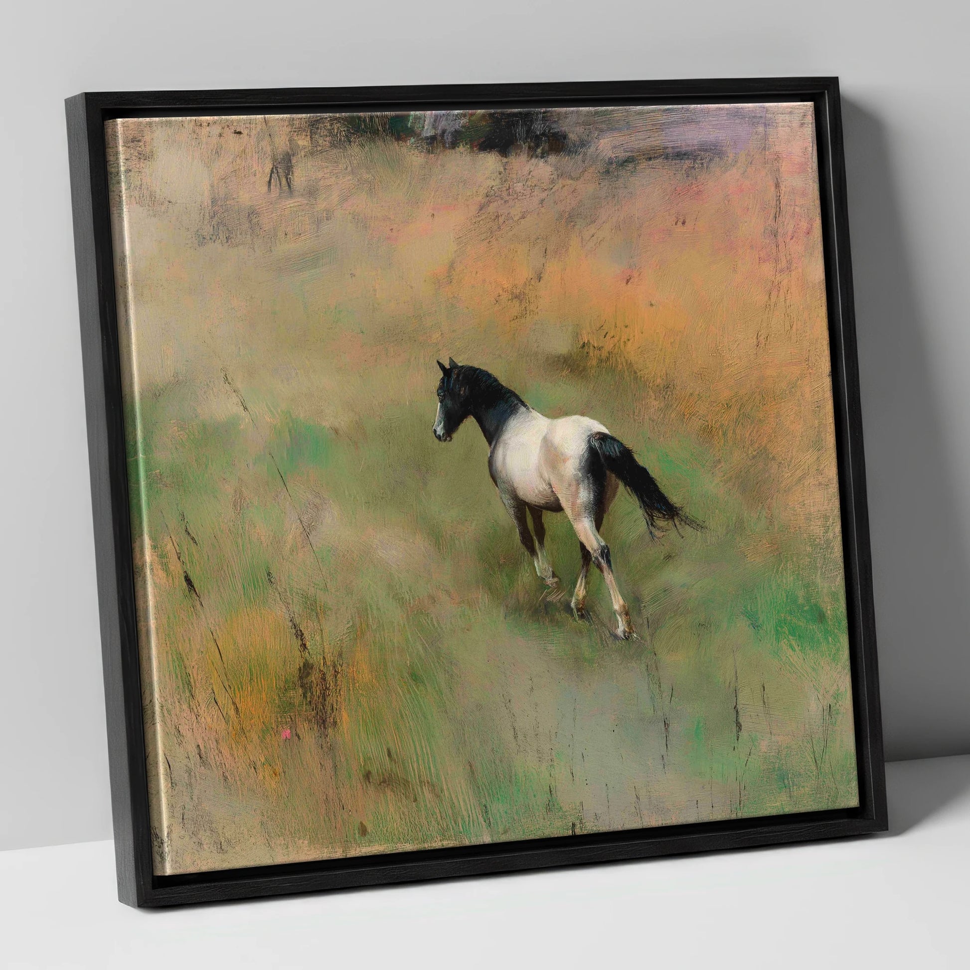 Through the Summer Grass horse landscape canvas wall art in black frame