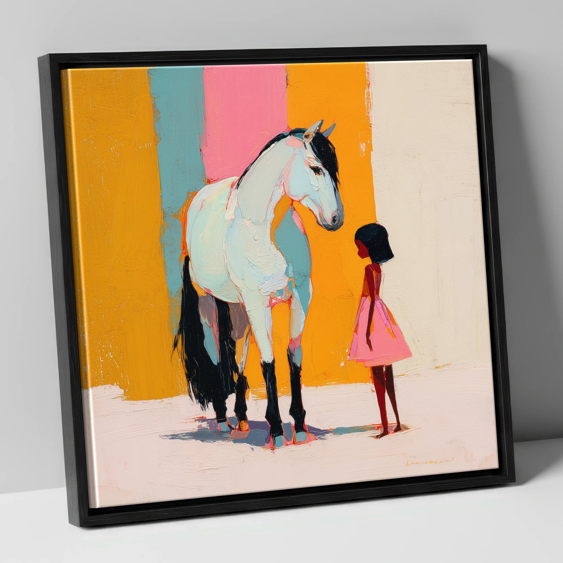 A Colourful Bond horse & rider canvas wall art in black frame