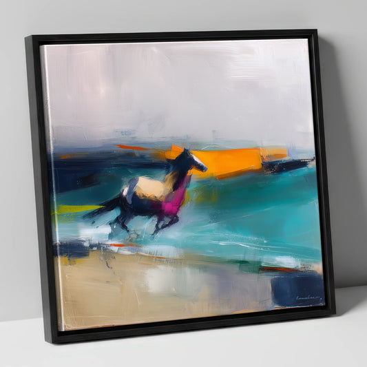 Vivid Coastal Gallop beach horse canvas wall art in black frame
