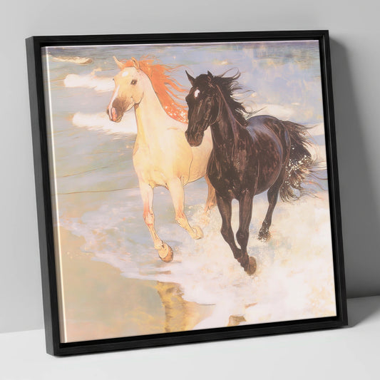 Ethereal Tide Gallop horse landscape canvas wall art in black frame