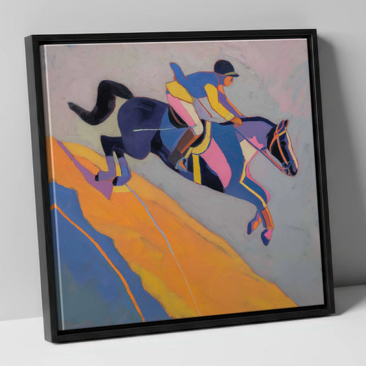 Vibrant Mid-Air Leap show jumping horse canvas wall art in black frame