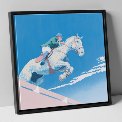 Airborne Over Blue show jumping horse canvas wall art in black frame