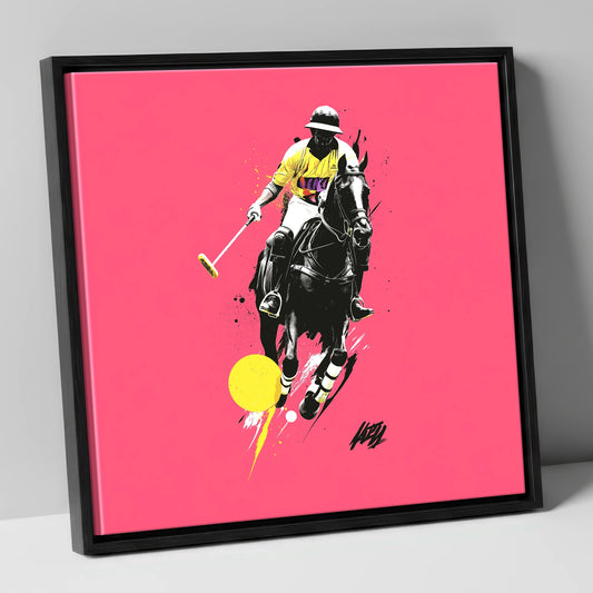 Magenta Chukka polo horse canvas wall art in black frame