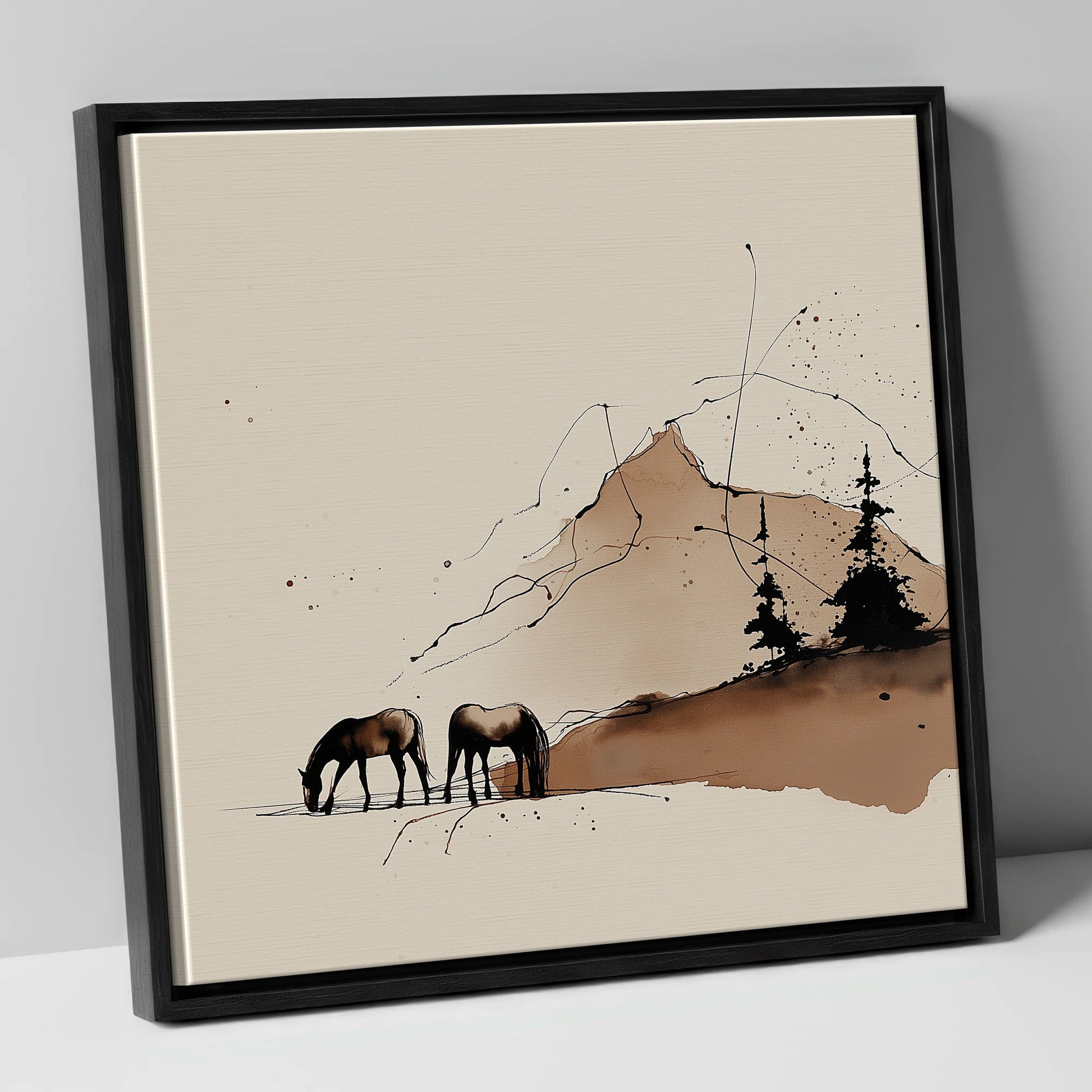 Highland Grazing horse landscape canvas wall art in black frame