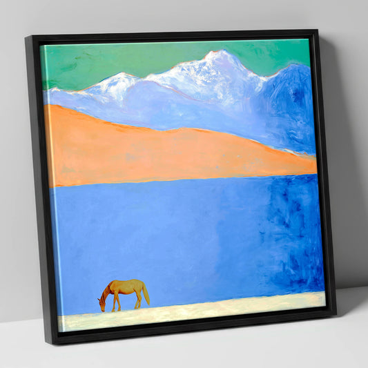 Alpine Solitude horse landscape canvas wall art in black frame