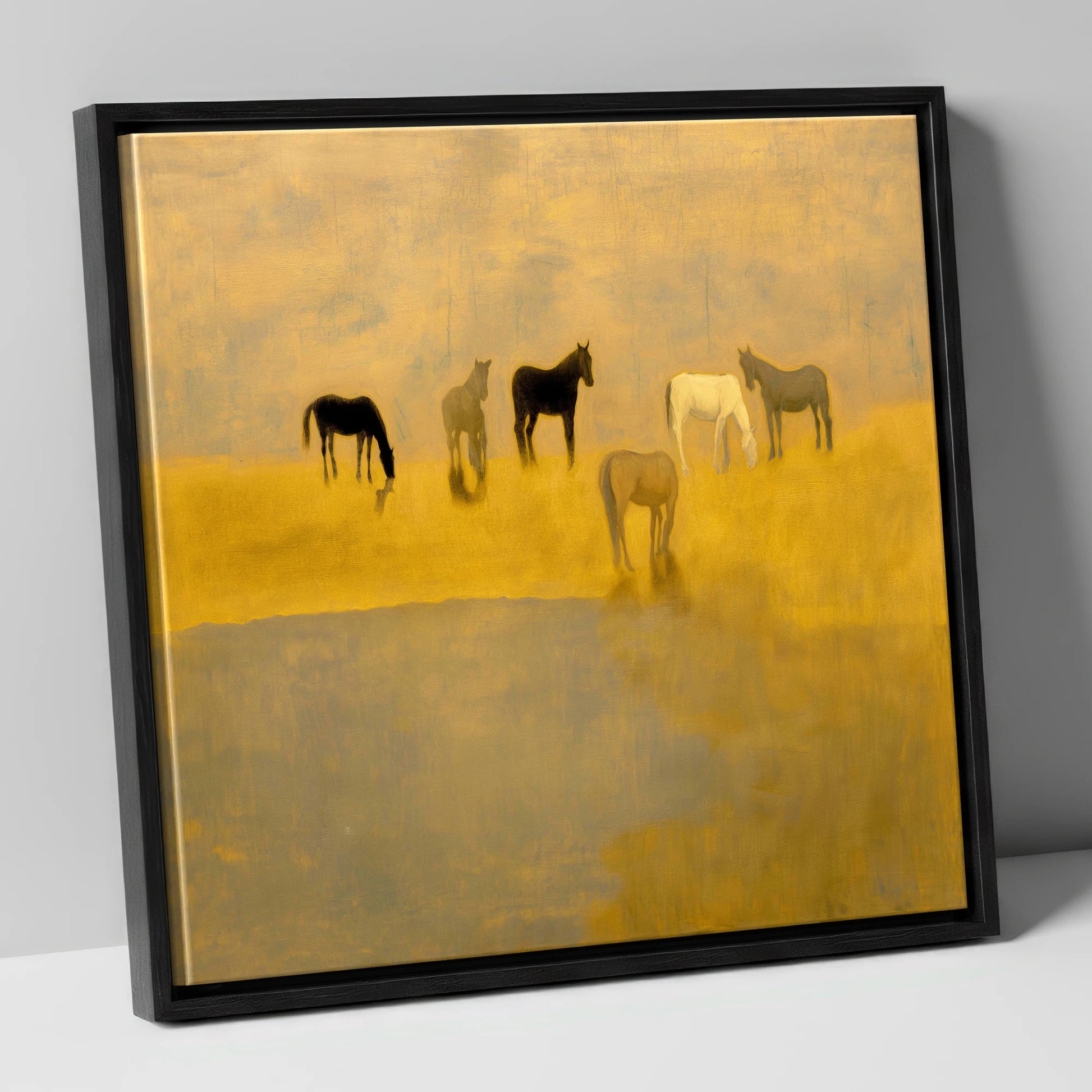 Golden Haze Grazing wild horses canvas wall art in black frame