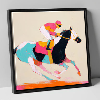 Technicolour Gallop racing horse canvas wall art in black frame