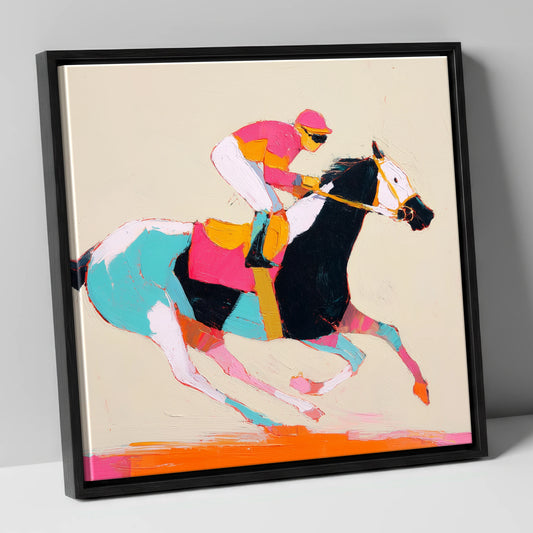 Technicolour Gallop racing horse canvas wall art in black frame