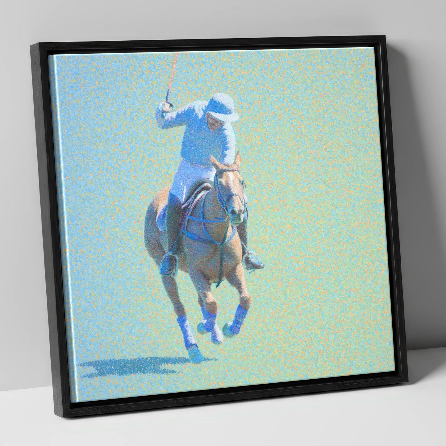 The Shimmering Chukka polo horse canvas wall art in black frame