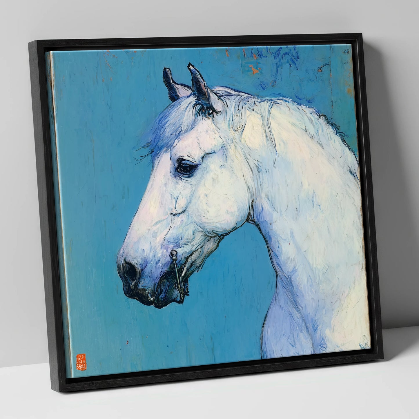 Cerulean Grey Profile horse portrait canvas wall art in black frame
