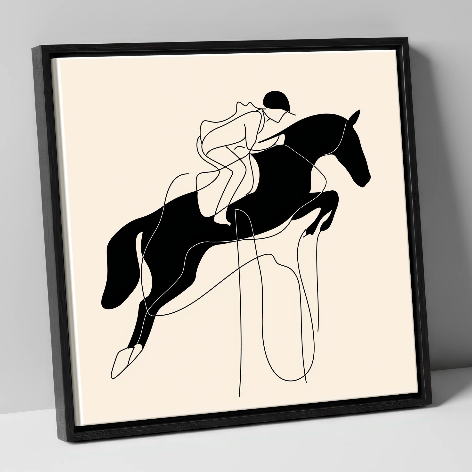Flight and Form show jumping horse canvas wall art in black frame
