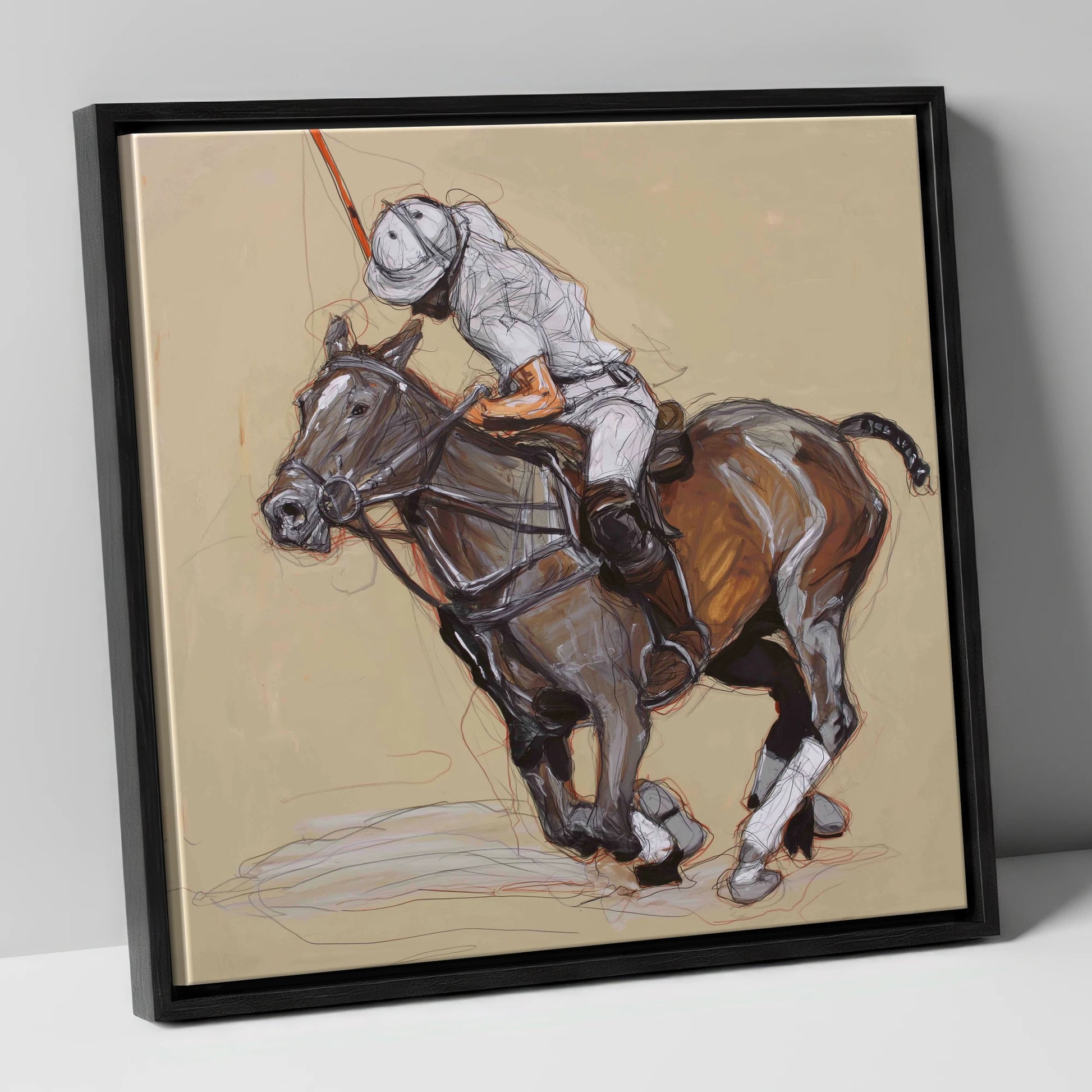 Momentum on the Field polo horse canvas wall art in black frame